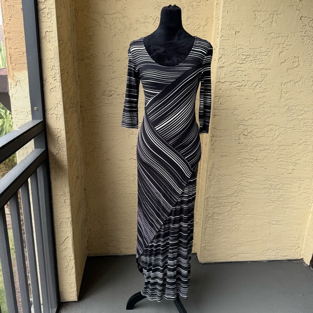 Peruvian Connection Black Stripe Jersey Maxi Dress 3/4 Sleeve Comfy Casual Sz S